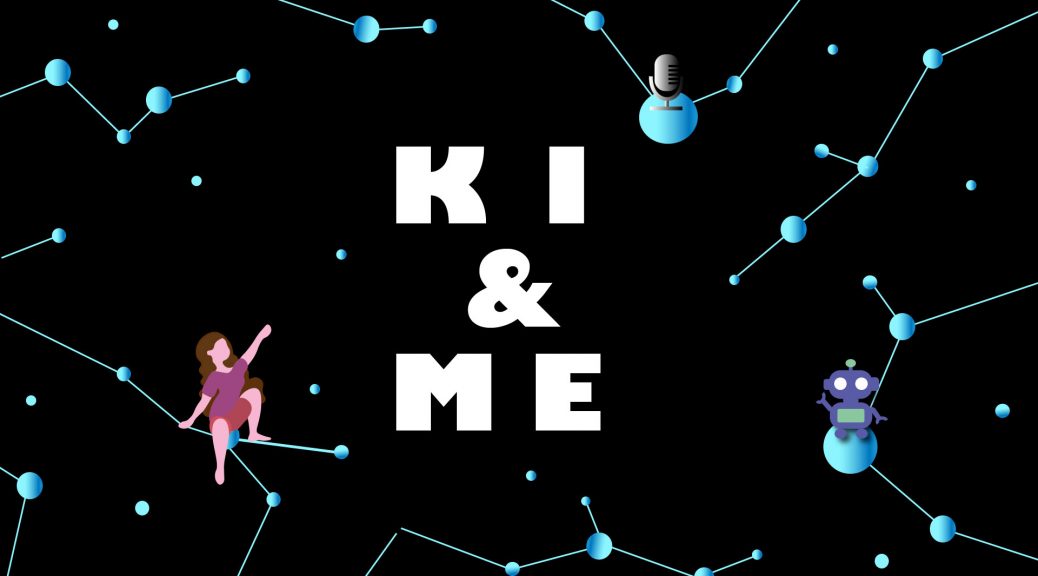 Logo von "KI & ME" mit Zeichnungen einer Frau, eines Roboters und eines Mikrofons